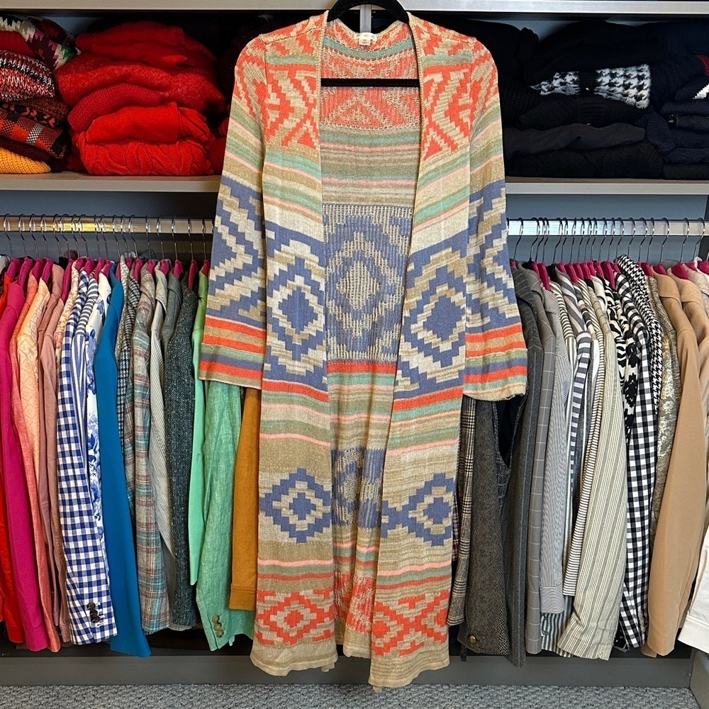 Xhilaration tan/blue/orange Aztec print long sleeve open front kimono size S